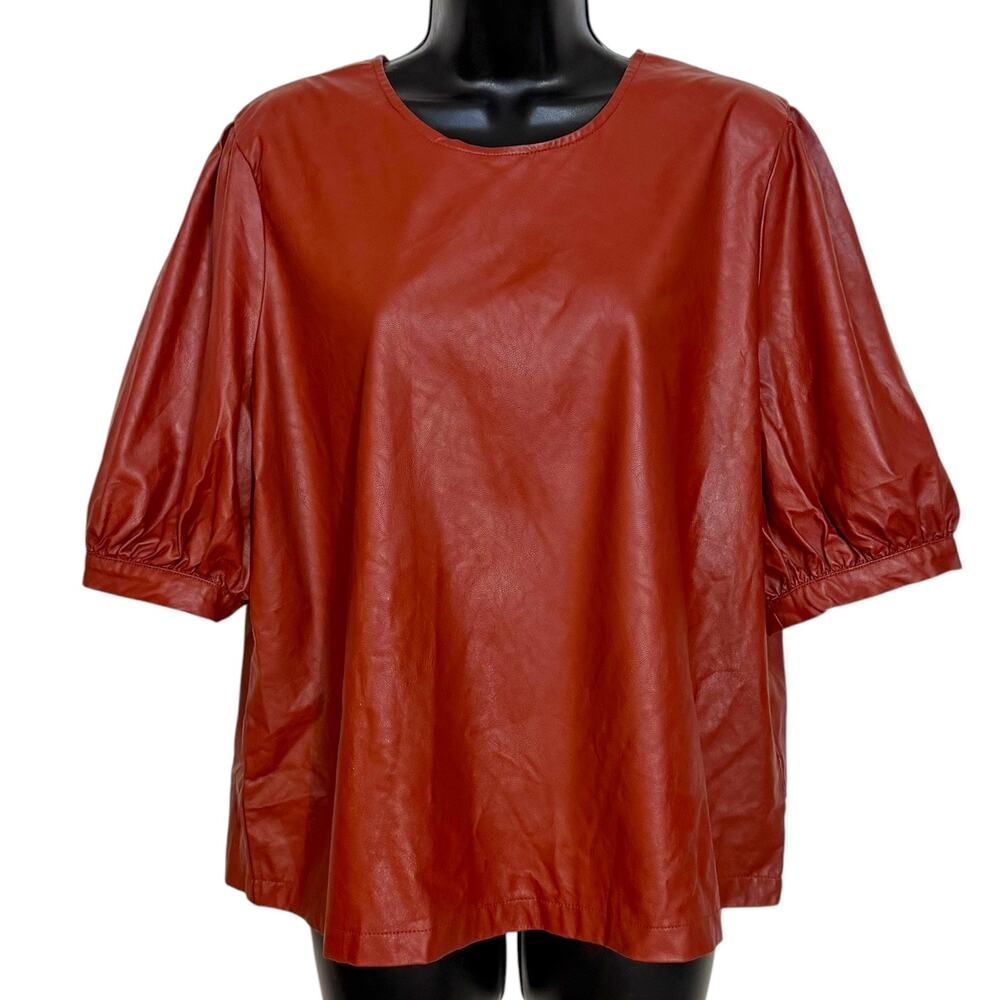 Who What Wear Faux Leather Top XL Rust Cognac Puff Sleeve Crew Neck Blouse